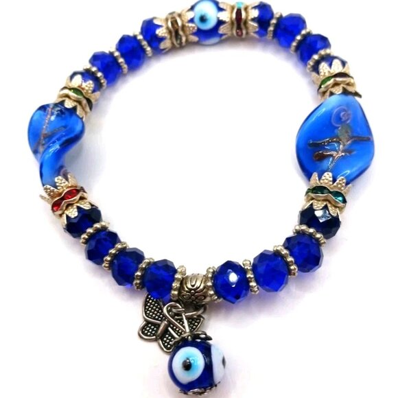 None Jewelry - Evil Eye Blue Beaded Stretchy Bracelet-8 Inches Unisex
